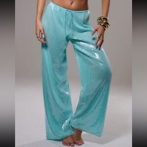 Turquoise Sequin Wide-Leg Pants